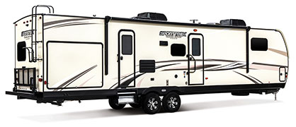 2019 Venture RV SportTrek Touring Edition STT343VBH Travel Trailer Exterior Rear 3-4 Door Side