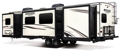 2019 Venture RV SportTrek Touring Edition STT343VBH Travel Trailer Exterior Rear 3-4 Off Door Side with Slide Out