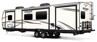 2019 Venture RV SportTrek Touring Edition STT343VBH Travel Trailer Exterior Rear 3-4 Off Door Side