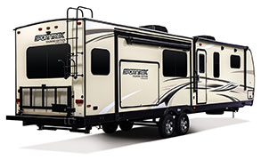 2019 Venture RV SportTrek Touring Edition STT343VIK Travel Trailer Exterior Rear 3-4 Door Side