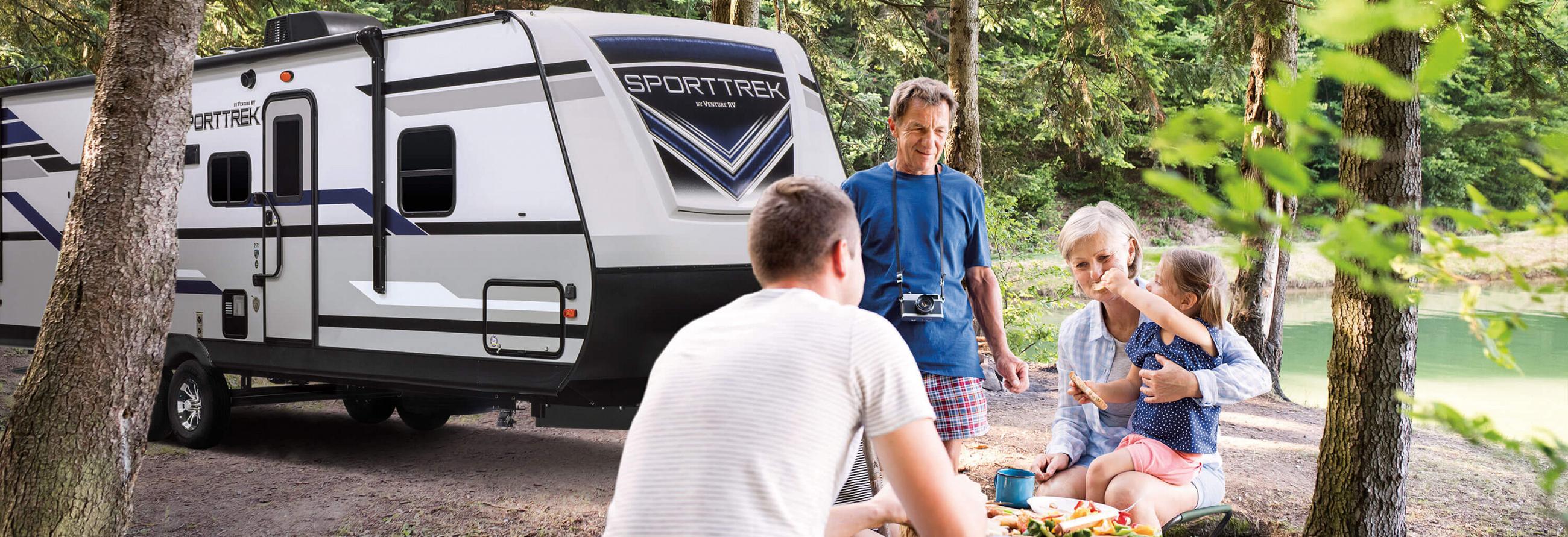 2019 Venture RV SportTrek ST271VMB Travel Trailer with Family at Outdoor Picnic