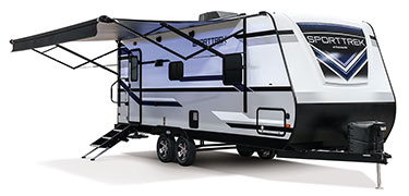 2019 Venture RV SportTrek ST221VRB Travel Trailer Exterior Front 3-4 Door Side with Awning Out
