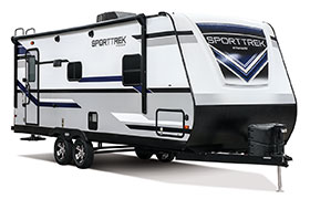2019 Venture RV SportTrek ST221VRB Travel Trailer Exterior Front 3-4 Door Side