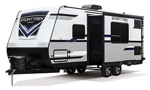 2019 Venture RV SportTrek ST221VRB Travel Trailer Exterior Front 3-4 Off Door Side with Slide Out