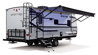 2019 Venture RV SportTrek ST221VRB Travel Trailer Exterior Rear 3-4 Door Side with Awning Out