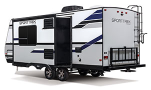 2019 Venture RV SportTrek ST221VRB Travel Trailer Exterior Rear 3-4 Off Door Side with Slide Out