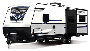 2019 Venture RV SportTrek ST252VRD Travel Trailer Exterior Front 3-4 Off Door Side with Slide Out