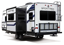 2019 Venture RV SportTrek ST252VRD Travel Trailer Exterior Rear 3-4 Off Door Side with Slide Out
