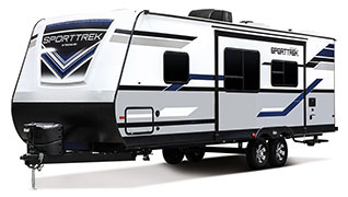 2019 Venture RV SportTrek ST271VMB Travel Trailer Exterior Front 3-4 Off Door Side