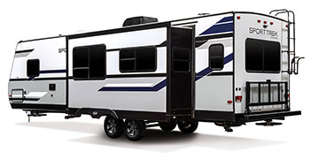 2019 Venture RV SportTrek ST312VIK Travel Trailer Exterior Rear 3-4 Off Door Side with Slide Out