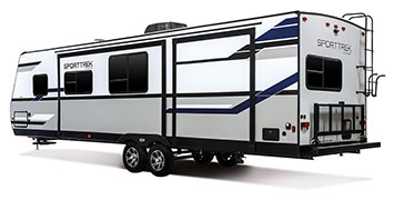 2019 Venture RV SportTrek ST320VIK Travel Trailer Exterior Rear 3-4 Off Door Side