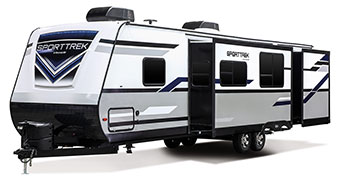 2019 Venture RV SportTrek ST322VBH Travel Trailer Exterior Front 3-4 Off Door Side Slide Out