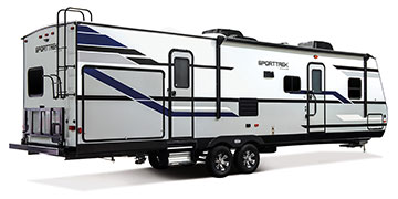 2019 Venture RV SportTrek ST322VBH Travel Trailer Exterior Rear 3-4 Door Side