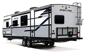 2019 Venture RV SportTrek ST322VBH Travel Trailer Exterior Rear 3-4 Off Door Side
