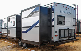 2019 Venture RV SportTrek ST327VIK Travel Trailer Exterior Rear 3-4 Off Door Side Slide Out