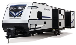 2019 Venture RV SportTrek ST327VIK Travel Trailer Exterior Front 3-4 Off Door Side with Slide Out