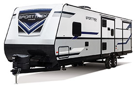 2019 Venture RV SportTrek ST327VIK Travel Trailer Exterior Front 3-4 Off Door Side