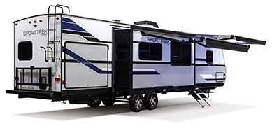 2019 Venture RV SportTrek ST327VIK Travel Trailer Exterior Rear 3-4 Door Side with Slide Out