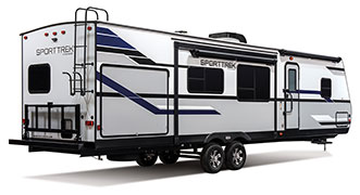 2019 Venture RV SportTrek ST327VIK Travel Trailer Exterior Rear 3-4 Door Side