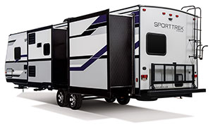 2019 Venture RV SportTrek ST327VIK Travel Trailer Exterior Rear 3-4 Off Door Side with Slide Out