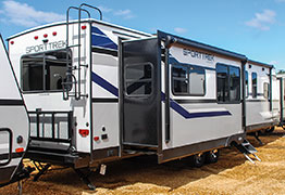 2019 Venture RV SportTrek ST342VMB Travel Trailer Exterior Rear 3-4 Door Side Slide Out