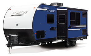 2019 Venture RV Stratus SR231VRB Travel Trailer Exterior Front 3-4 Off Door Side with Slide Out