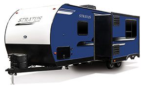2019 Venture RV Stratus SR261VBH Travel Trailer Exterior Front 3-4 Off Door Side with Slide Out