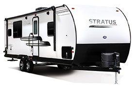 2019 Venture RV Stratus SR261VRK Travel Trailer Exterior Front 3-4 Door Side Shown in Polar White