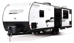 2019 Venture RV Stratus SR261VRK Travel Trailer Exterior Front 3-4 Off Door Side with Slide Out Shown in Polar White