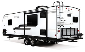 2019 Venture RV Stratus SR261VRK Travel Trailer Exterior Rear 3-4 Off Door Side Shown in Polar White