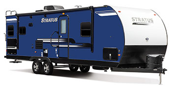 2019 Venture RV Stratus SR271VRS Travel Trailer Exterior Front 3-4 Door Side Shown in Indigo Blue