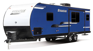 2019 Venture RV Stratus SR271VRS Travel Trailer Exterior Front 3-4 Off Door Side Shown in Indigo Blue
