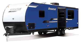 2019 Venture RV Stratus SR271VRS Travel Trailer Exterior Front 3-4 Off Door Side with Slide Out Shown in Indigo Blue