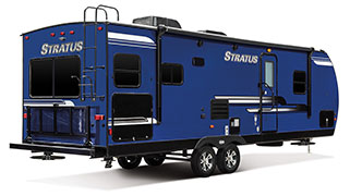2019 Venture RV Stratus SR271VRS Travel Trailer Exterior Rear 3-4 Door Side Shown in Indigo Blue
