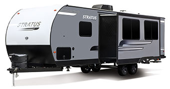 2019 Venture RV Stratus SR281VBH Travel Trailer Exterior Front 3-4 Off Door Side with Slide Out