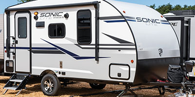 2019 Venture RV Sonic Lite SL150VRK Travel Trailer Exterior Front 3-4 Door Side