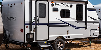 2019 Venture RV Sonic Lite SL150VRK Travel Trailer Exterior Rear 3-4 Door Side