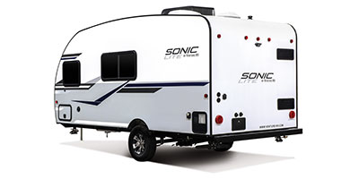 2019 Venture RV Sonic Lite SL168VRB Travel Trailer Exterior Rear 3-4 Off Door Side