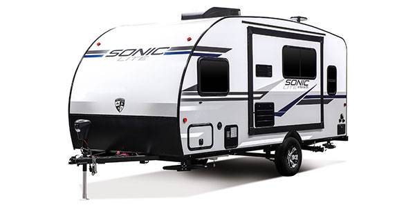 2019 Venture RV Sonic Lite SL169VMK Travel Trailer Exterior Front 3-4 Off Door Side