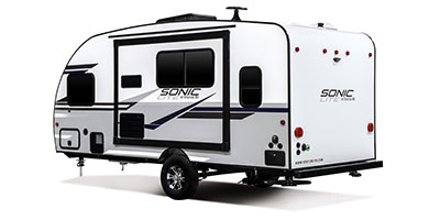 2019 Venture RV Sonic Lite SL169VMK Travel Trailer Exterior Rear 3-4 Off Door Side