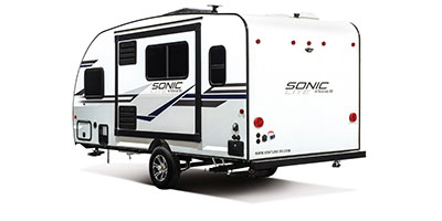 2020 Venture RV Sonic Lite SL169VMK Travel Trailer Exterior Rear 3-4 Off Door Side