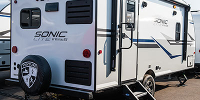 2020 Venture RV Sonic Lite SL169VRK Travel Trailer Exterior Rear 3-4 Door Side