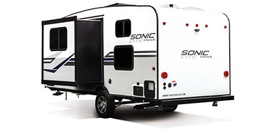 2020 Venture RV Sonic Lite SL169VUD Travel Trailer Exterior Rear 3-4 Off Door Side with Slide Out