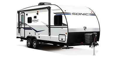 2019 Venture RV Sonic SN210VTB Travel Trailer Exterior Front 3-4 Door Side