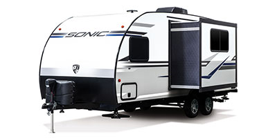 2019 Venture RV Sonic SN210VTB Travel Trailer Exterior Front 3-4 Off Door Side with Slide Out