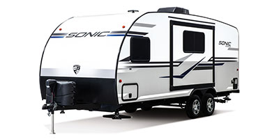 2019 Venture RV Sonic SN210VTB Travel Trailer Exterior Front 3-4 Off Door Side