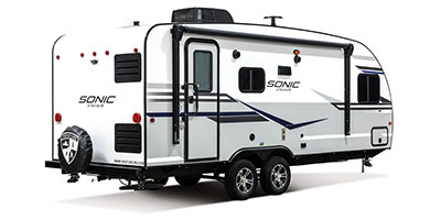 2019 Venture RV Sonic SN210VTB Travel Trailer Exterior Rear 3-4 Door Side