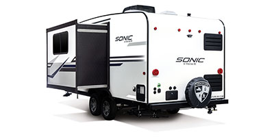 2019 Venture RV Sonic SN210VTB Travel Trailer Exterior Rear 3-4 Off Door Side with Slide Out