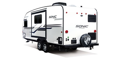 2019 Venture RV Sonic SN210VTB Travel Trailer Exterior Rear 3-4 Off Door Side