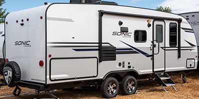 2019 Venture RV Sonic SN220VRB Travel Trailer Exterior Rear 3-4 Door Side